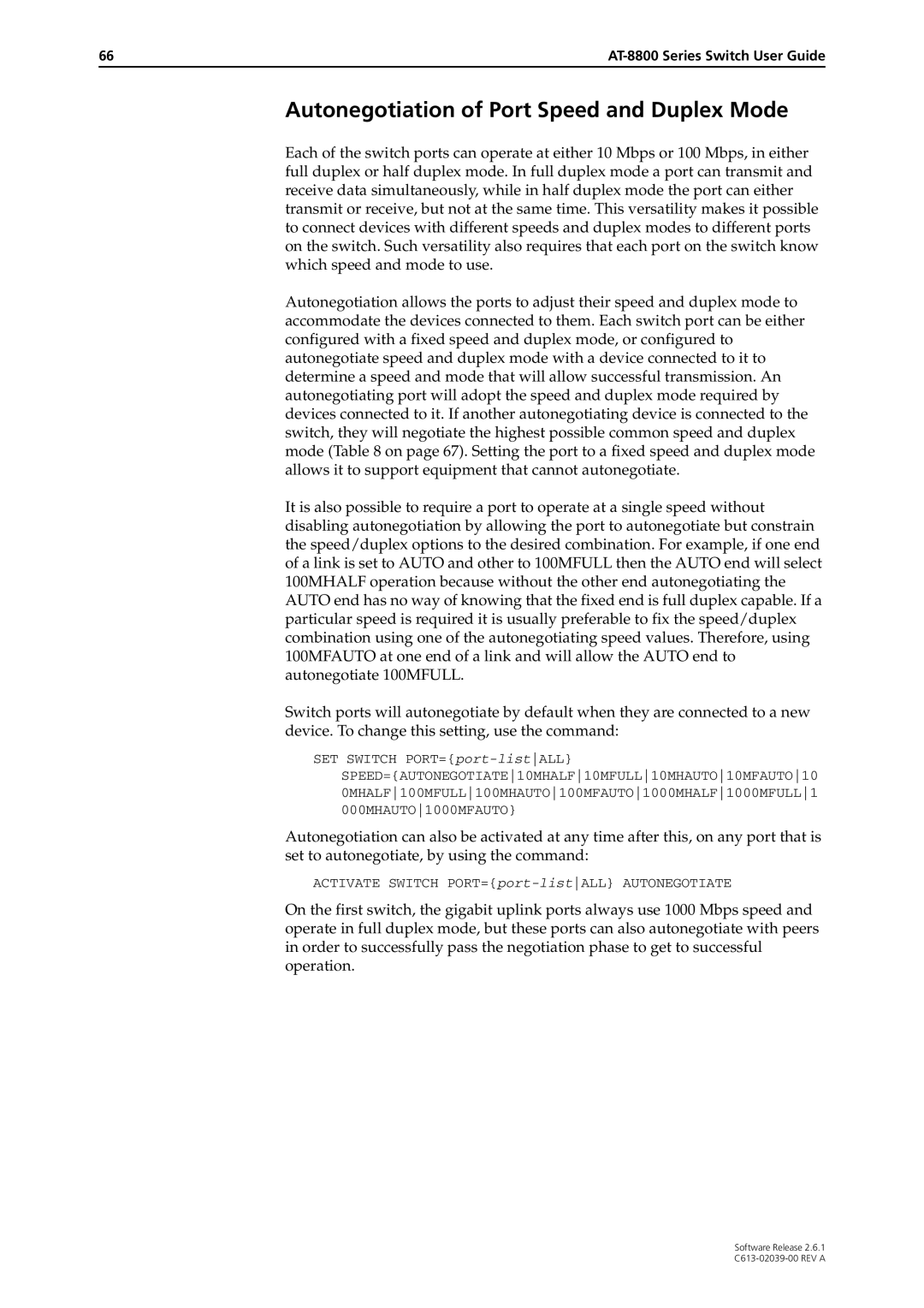 Allied Telesis 2.6.1 manual Autonegotiation of Port Speed and Duplex Mode 