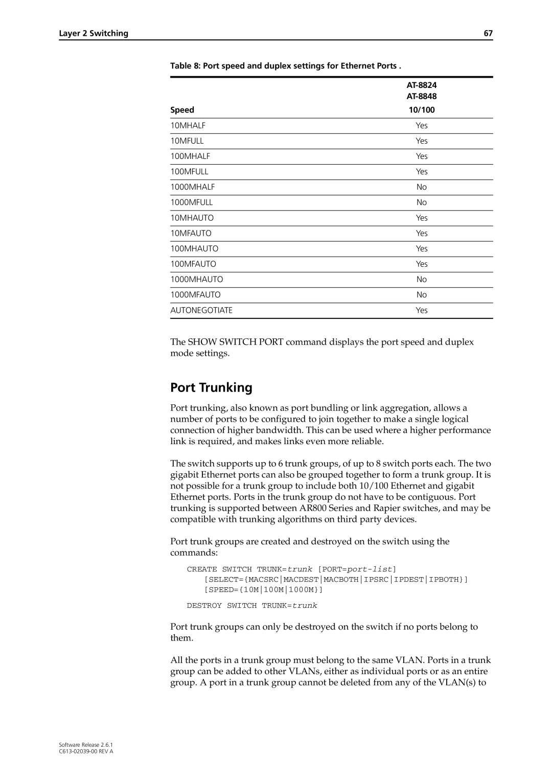 Allied Telesis 2.6.1 manual Port Trunking, Speed 10/100 