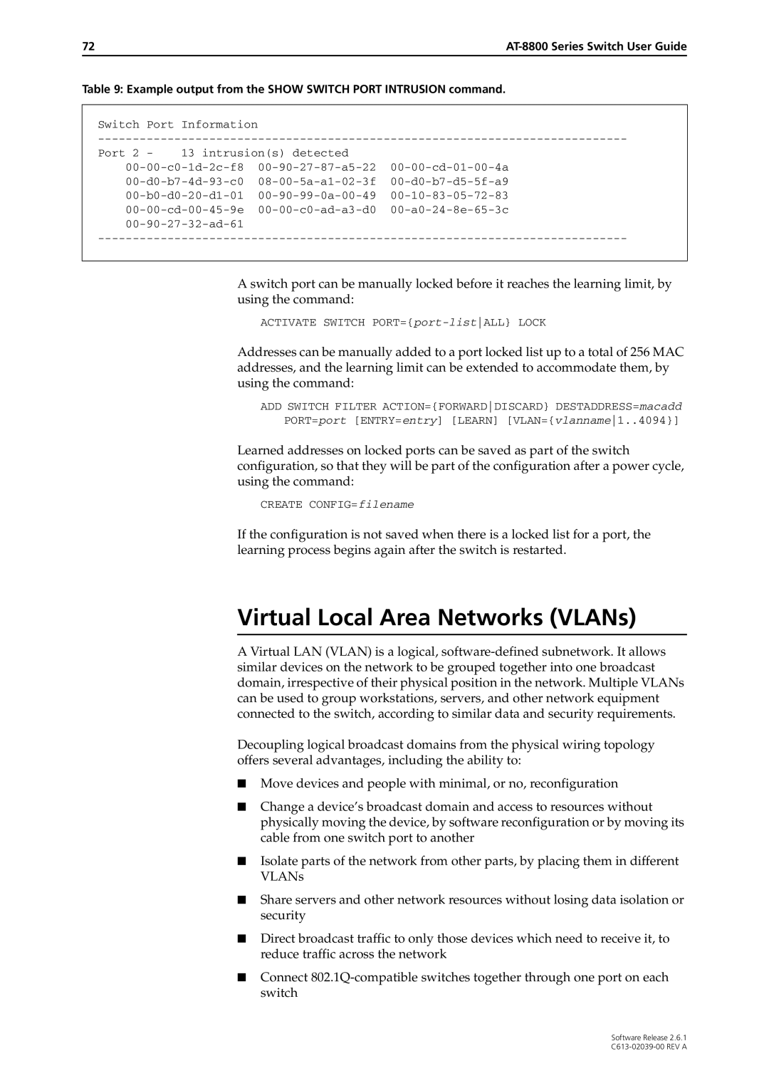 Allied Telesis 2.6.1 manual Virtual Local Area Networks VLANs, Example output from the Show Switch Port Intrusion command 