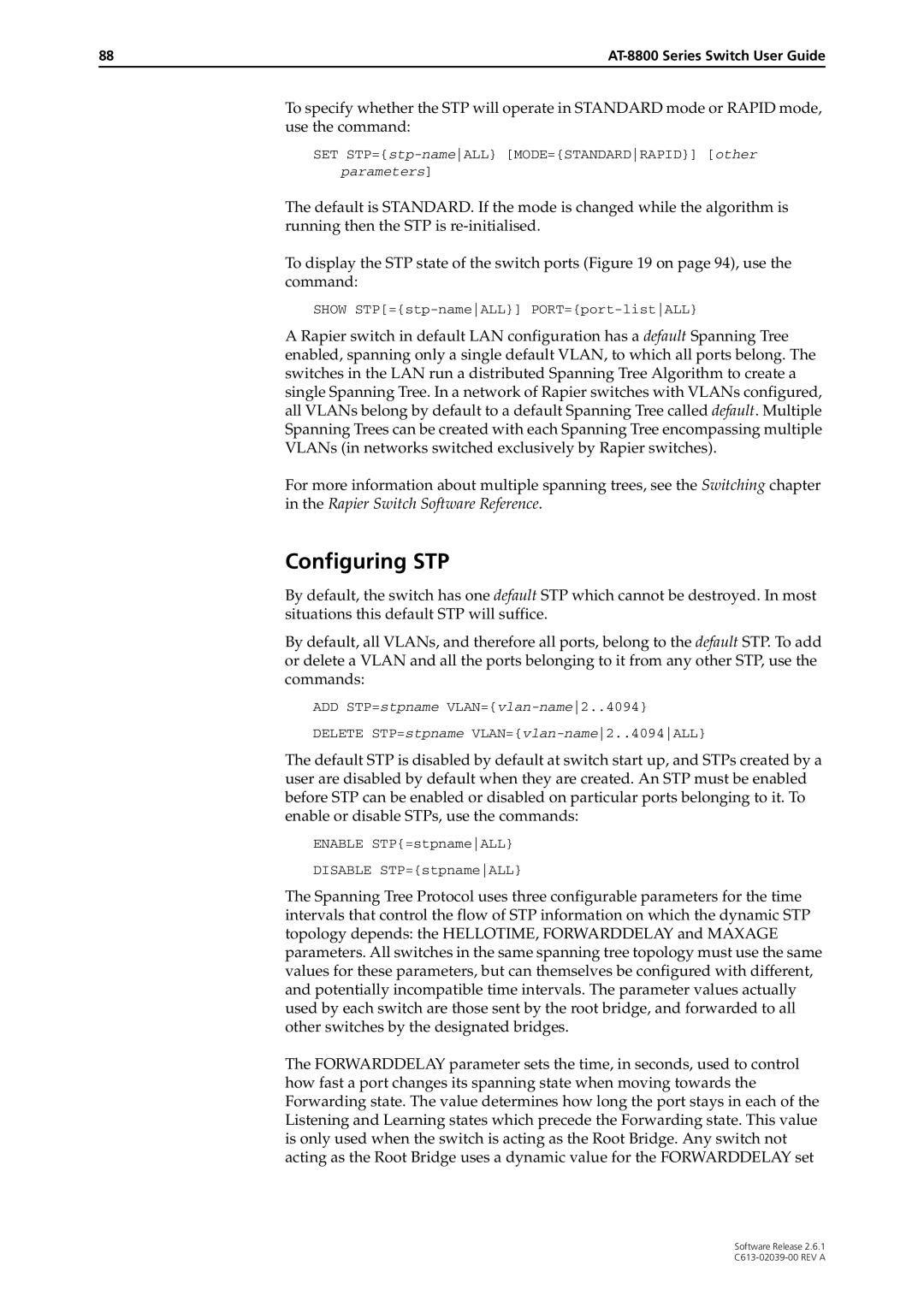 Allied Telesis 2.6.1 manual Configuring STP 