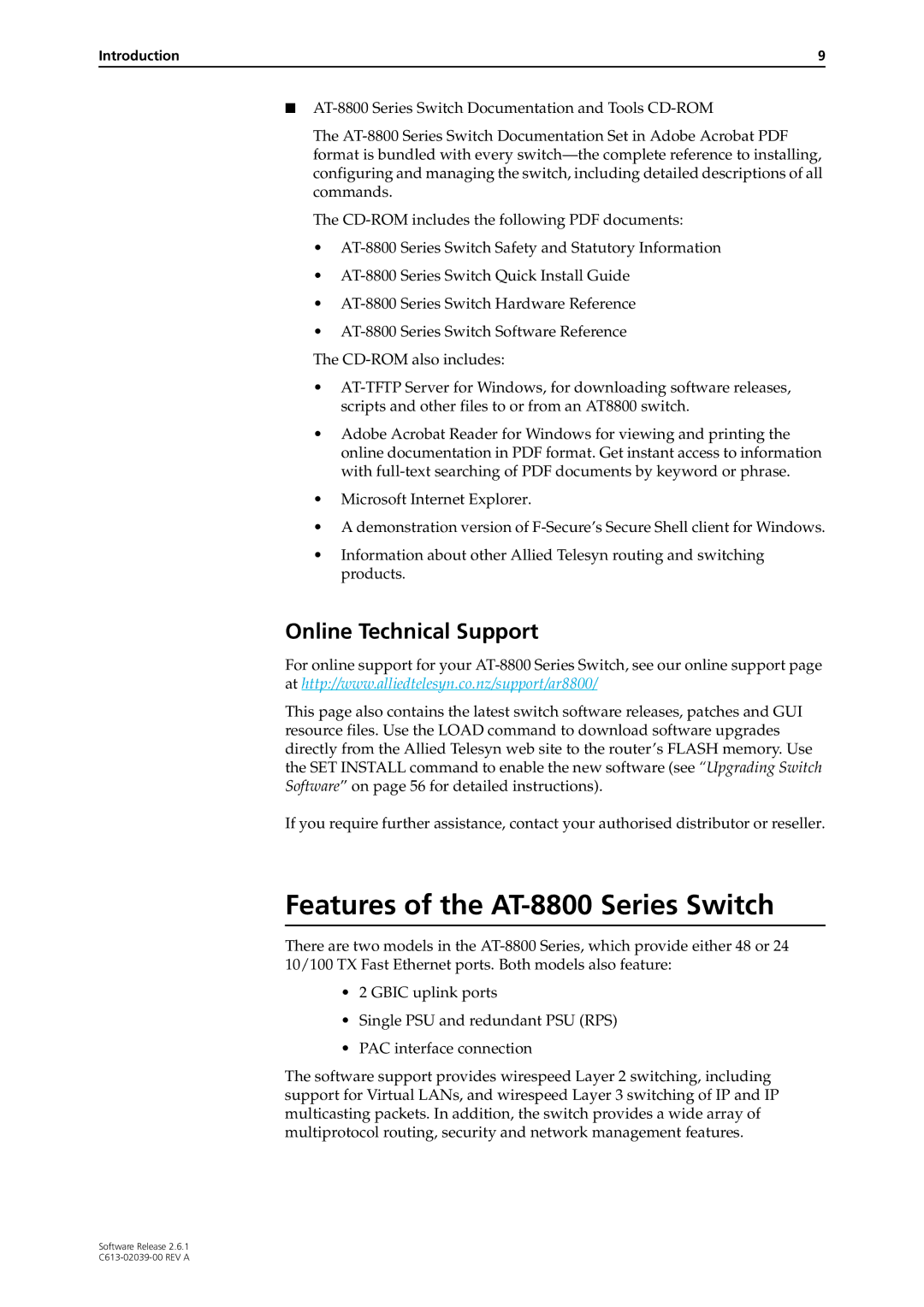 Allied Telesis 2.6.1 manual Features of the AT-8800 Series Switch, Online Technical Support, Introduction 