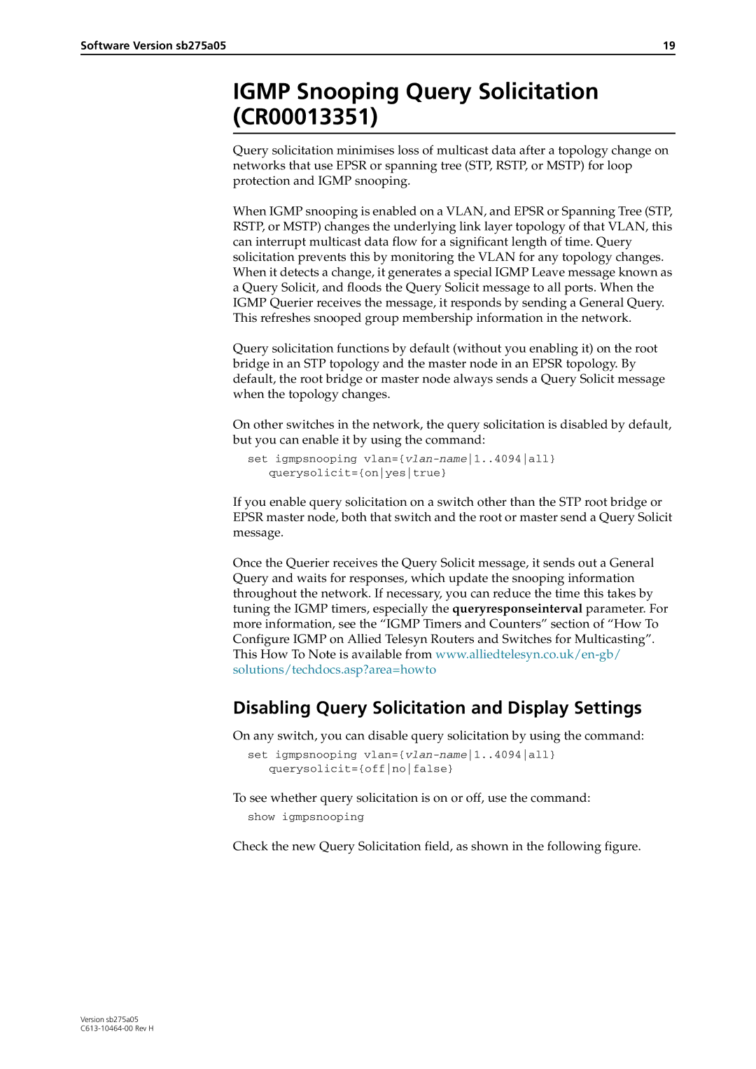 Allied Telesis 4000 Series Igmp Snooping Query Solicitation CR00013351, Disabling Query Solicitation and Display Settings 