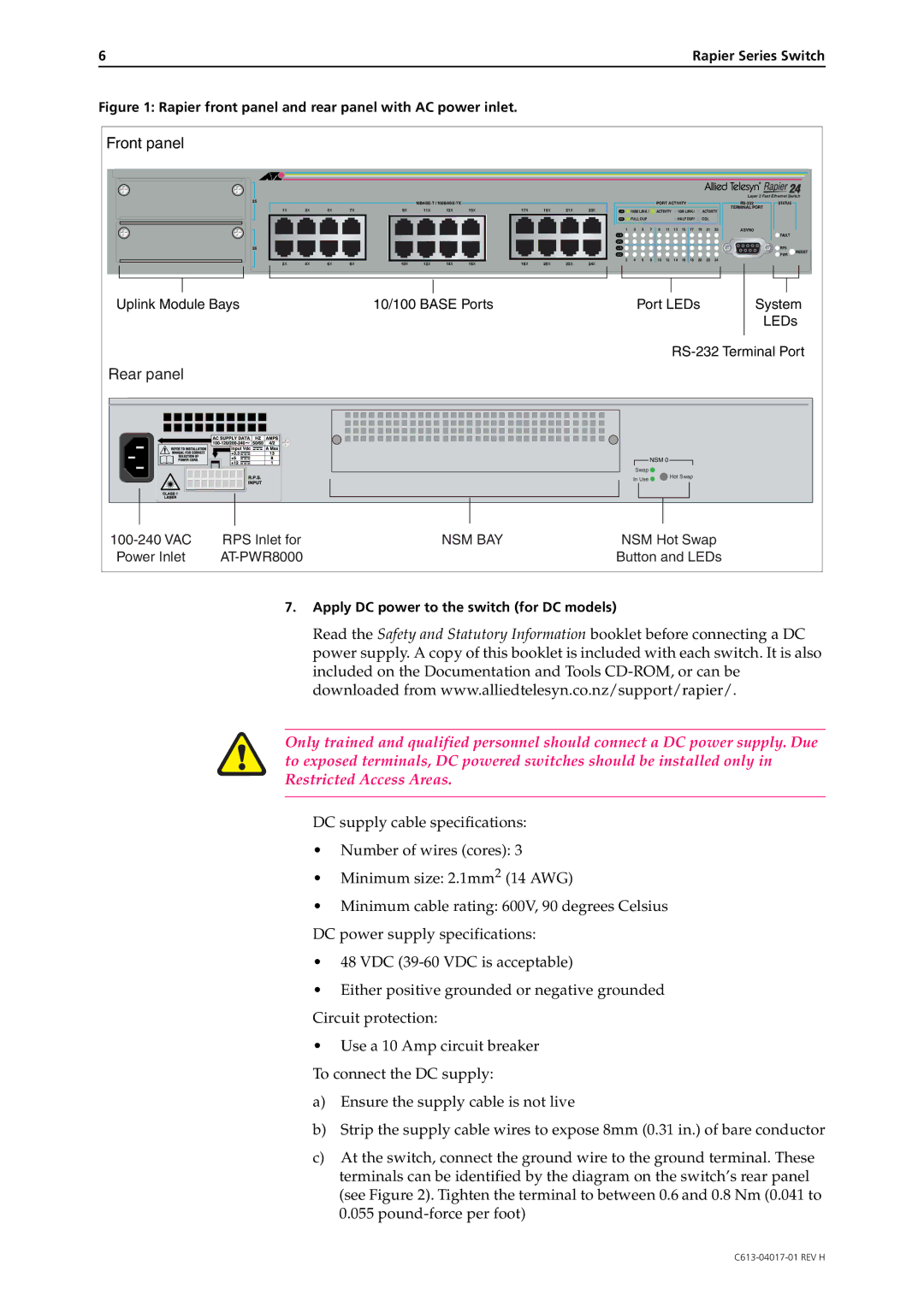 Allied Telesis G6f, 48, 24, AT-8088/SC manual Rear panel 