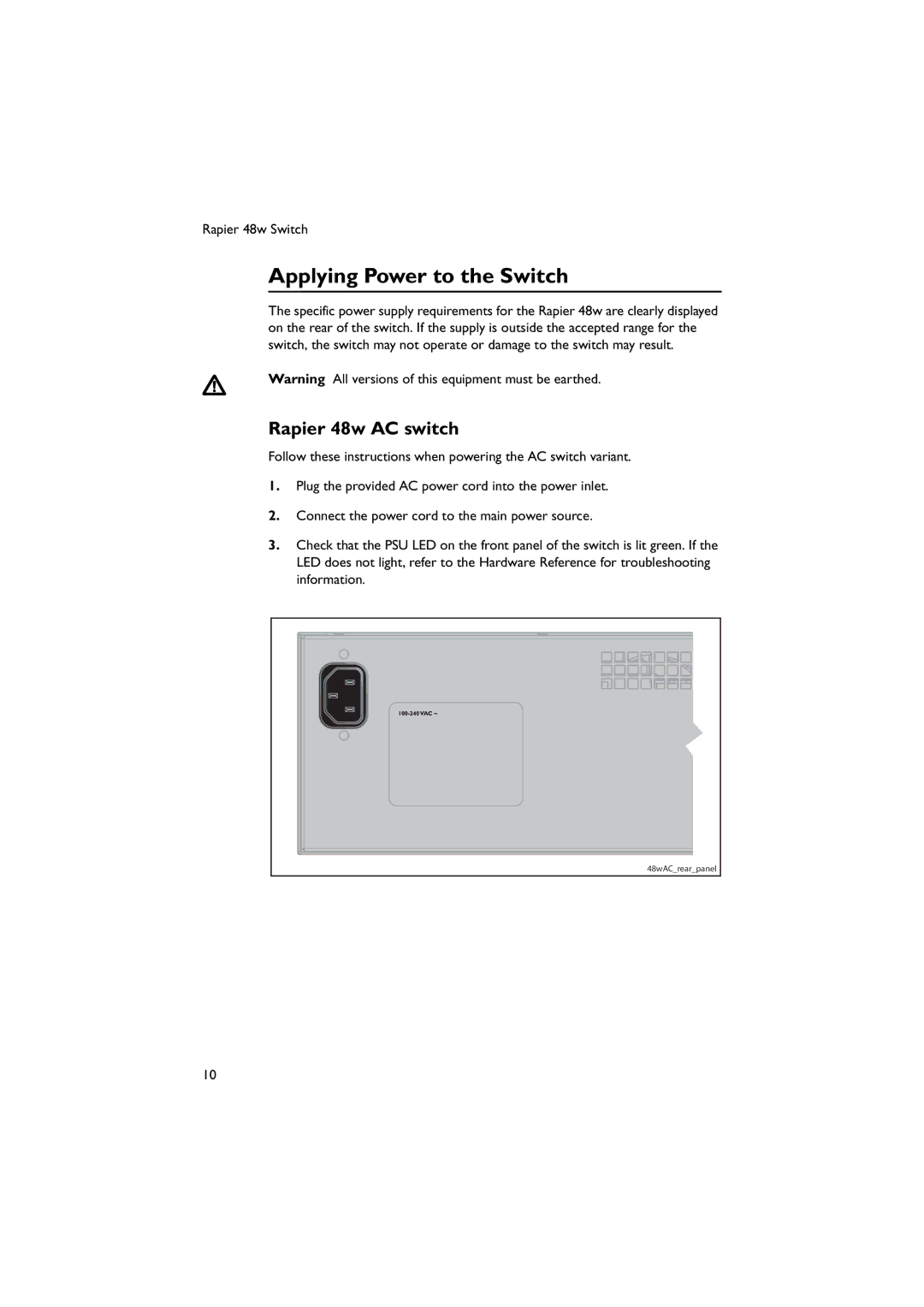Allied Telesis 48W-B manual Applying Power to the Switch, Rapier 48w AC switch 