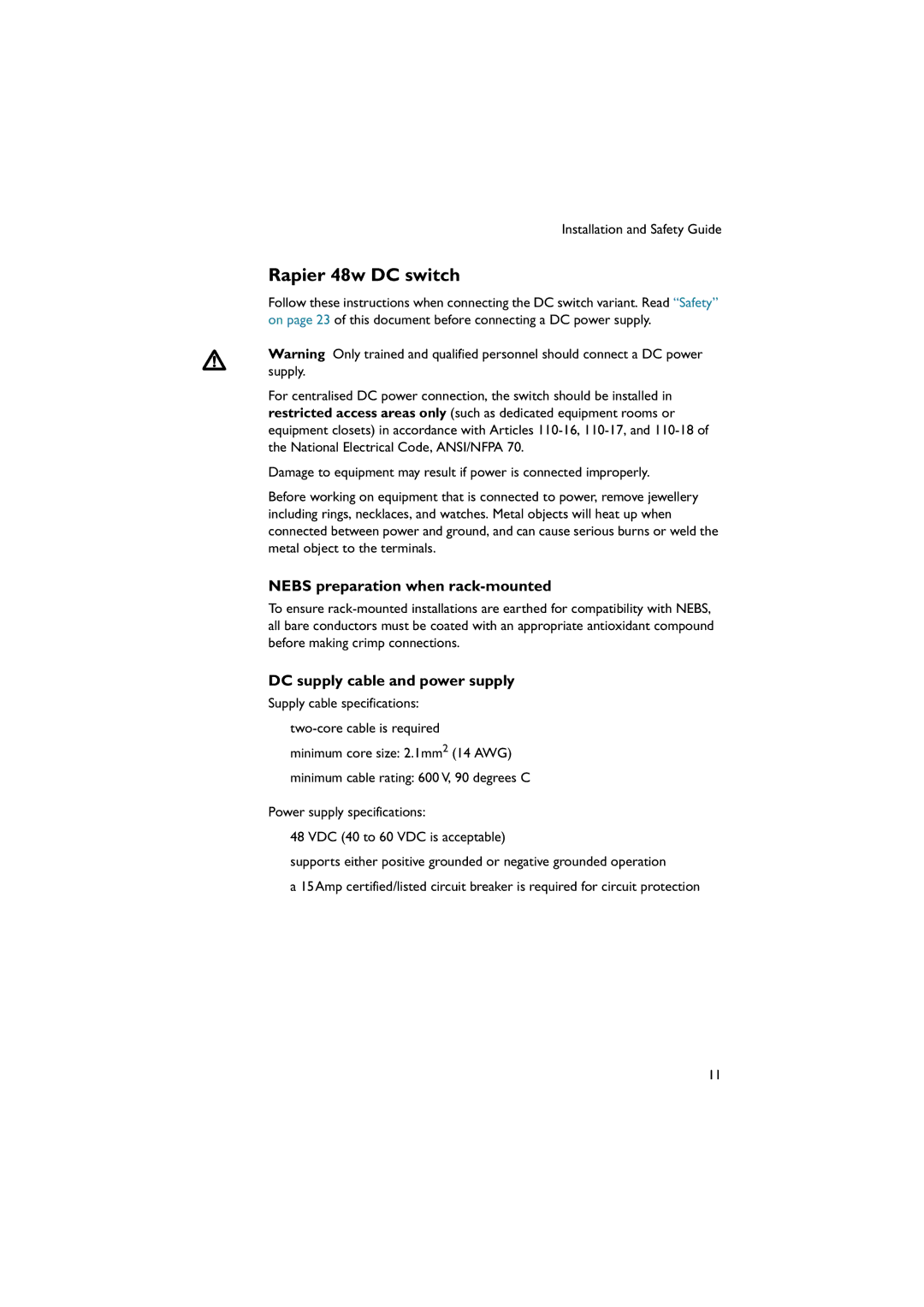 Allied Telesis 48W-B manual Rapier 48w DC switch, Nebs preparation when rack-mounted, DC supply cable and power supply 