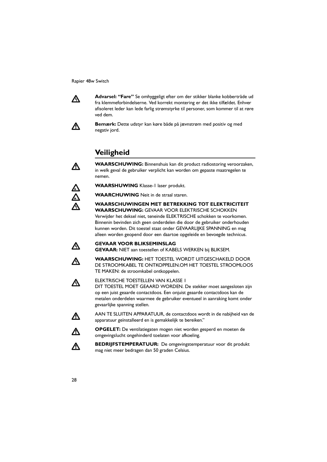 Allied Telesis 48W-B manual Veiligheid, Gevaar Voor Blikseminslag, Elektrische Toestellen VAN Klasse 