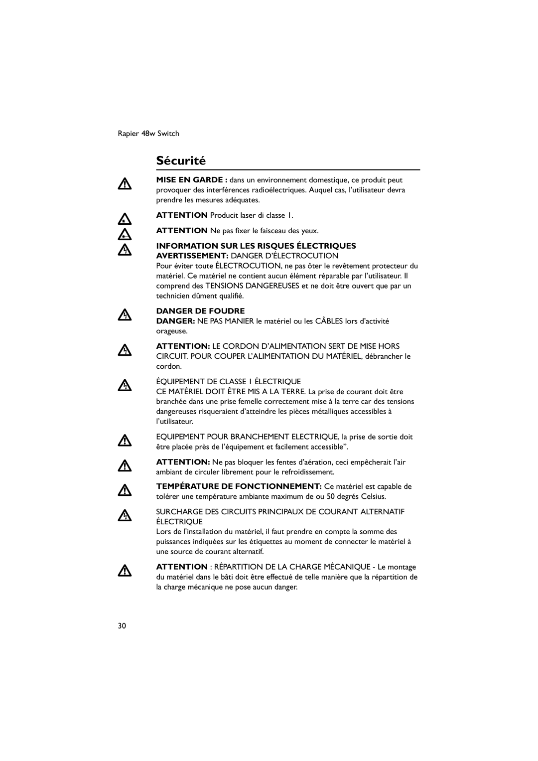 Allied Telesis 48W-B manual Sécurité, Information SUR LES Risques Électriques, Avertissement Danger D’ÉLECTROCUTION 