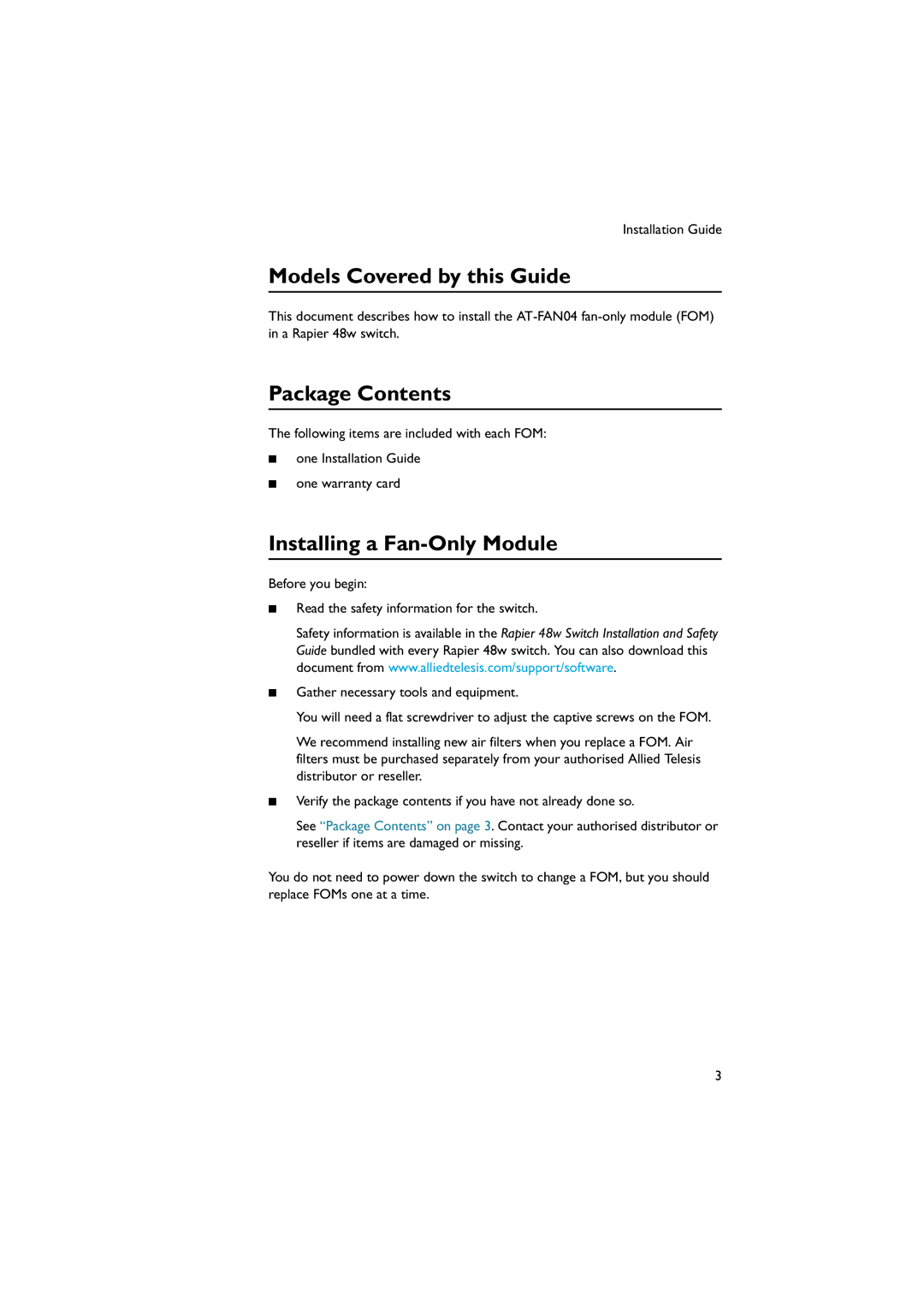 Allied Telesis 48W manual Models Covered by this Guide, Package Contents, Installing a Fan-Only Module 