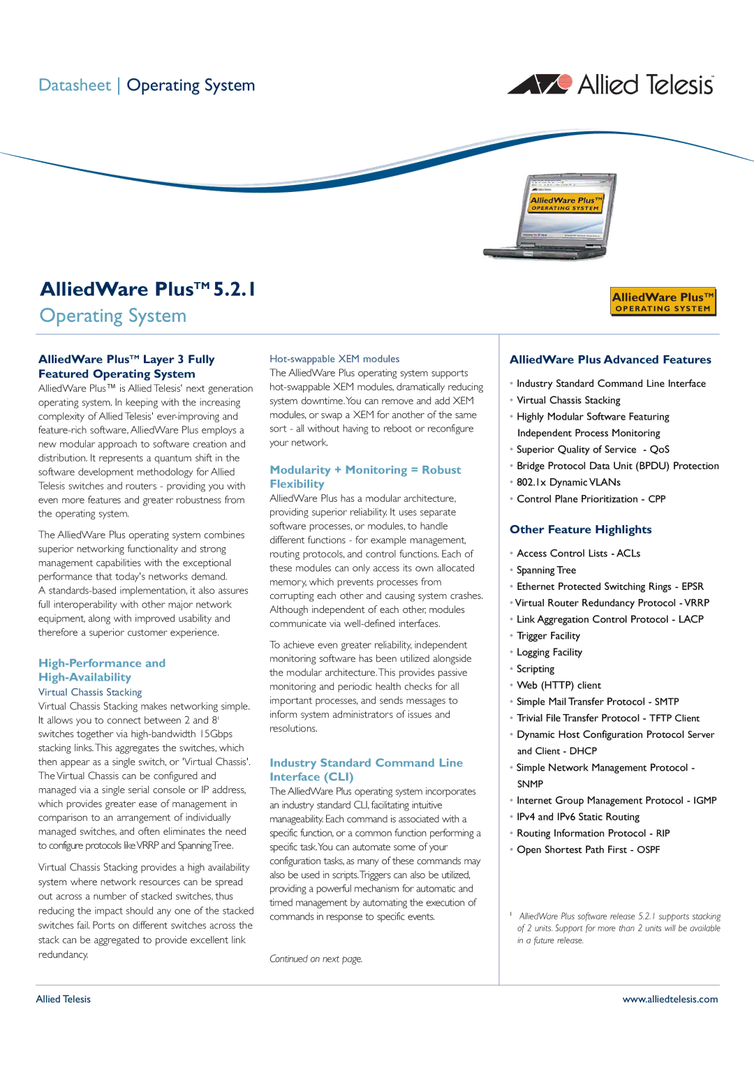 Allied Telesis 5.2.1 manual High-Performance High-Availability, Modularity + Monitoring = Robust Flexibility 