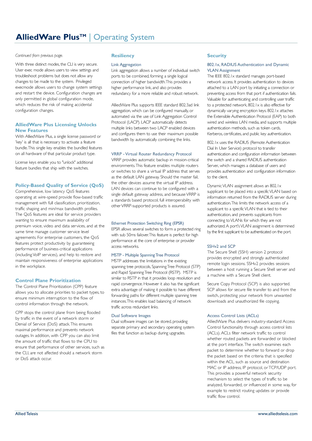 Allied Telesis 5.2.1 manual AlliedWare Plus Licensing Unlocks New Features, Policy-Based Quality of Service QoS, Resiliency 