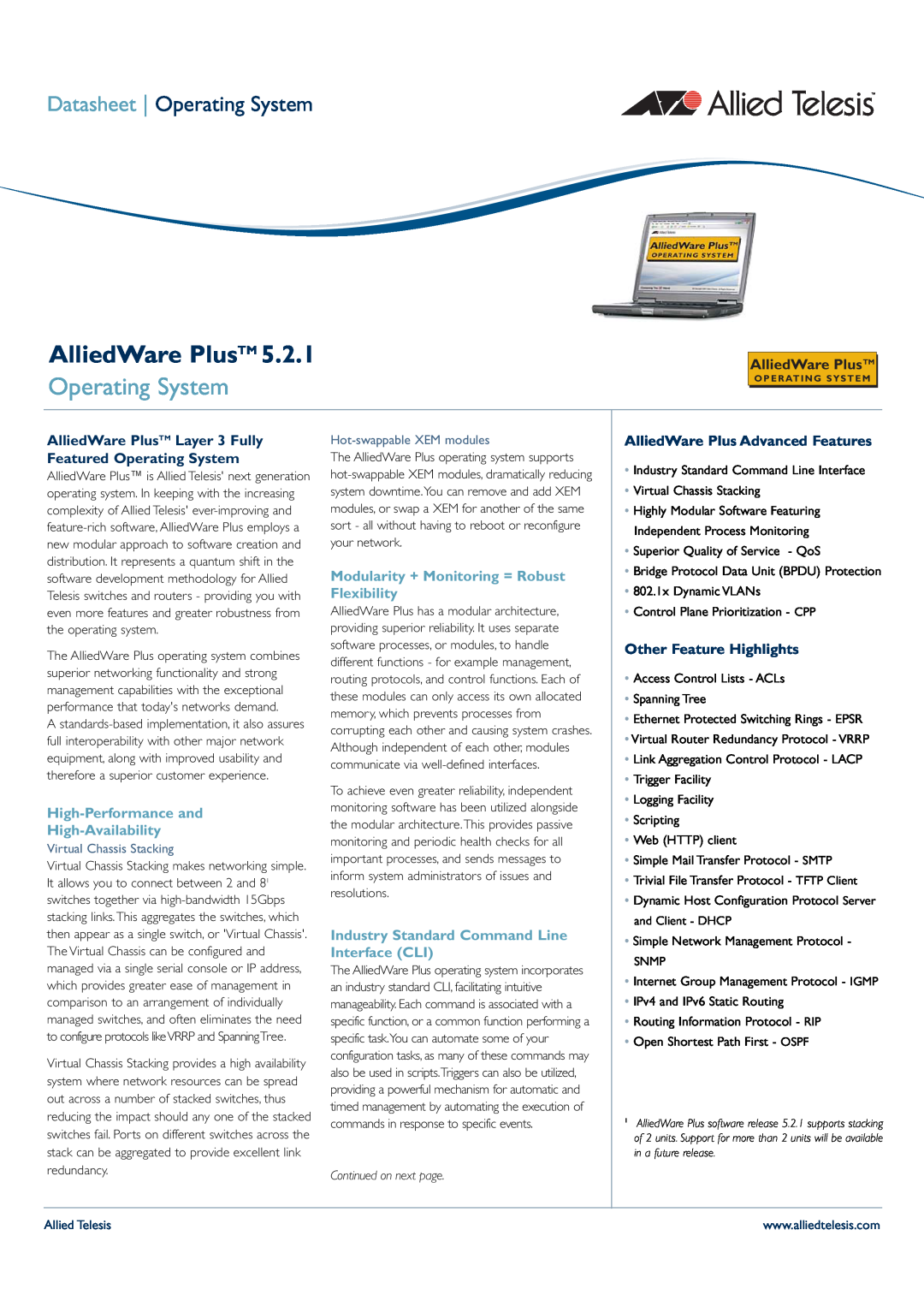 Allied Telesis 5.2.1 manual Operating System, High-Performance and High-Availability, AlliedWare Plus Advanced Features 