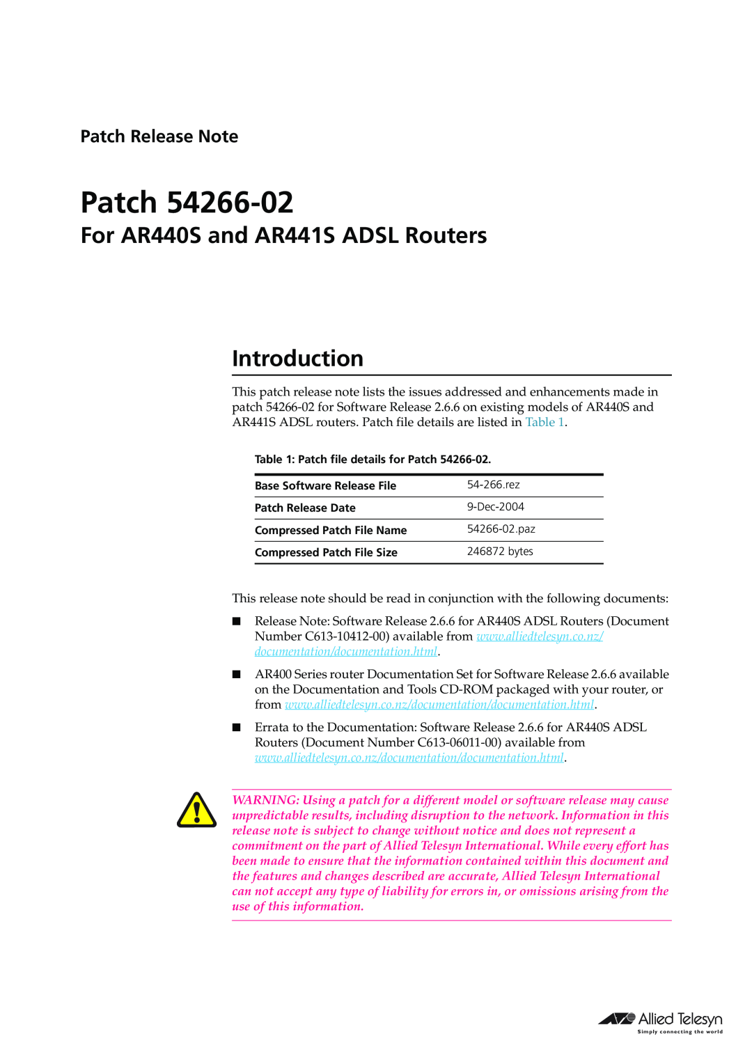 Allied Telesis 54266-02 manual For AR440S and AR441S ADSL Routers Introduction, Patch Release Note 