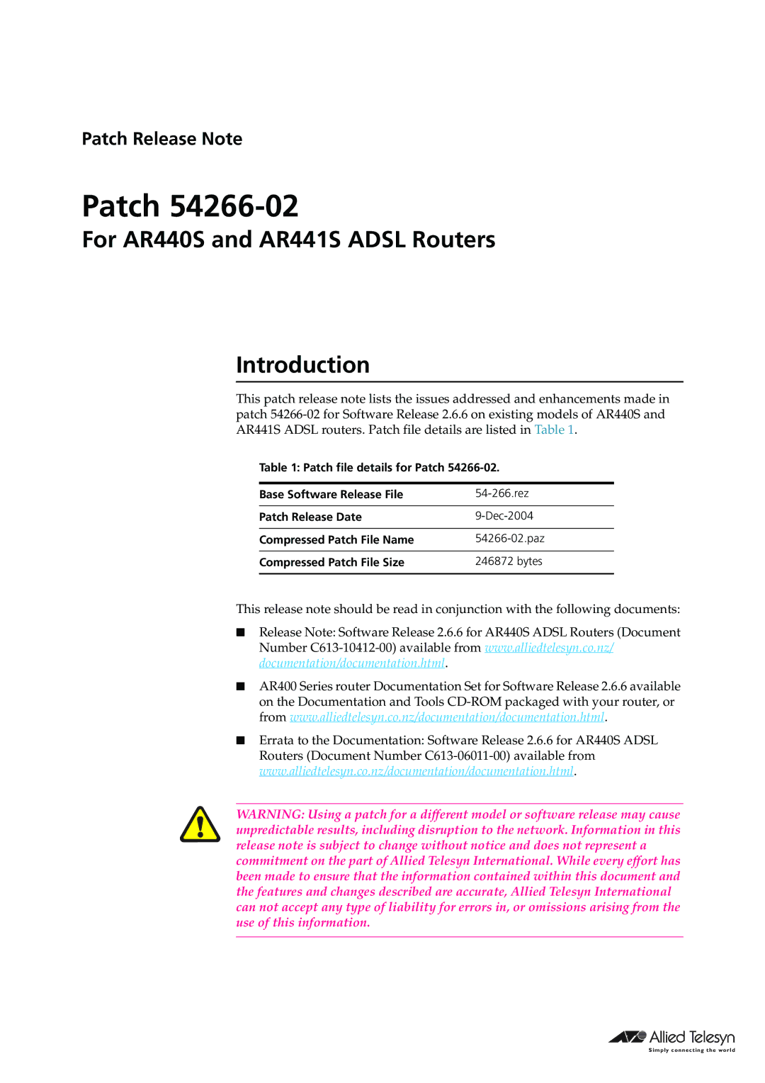 Allied Telesis 54266-02 manual Patch, For AR440S and AR441S Adsl Routers Introduction 