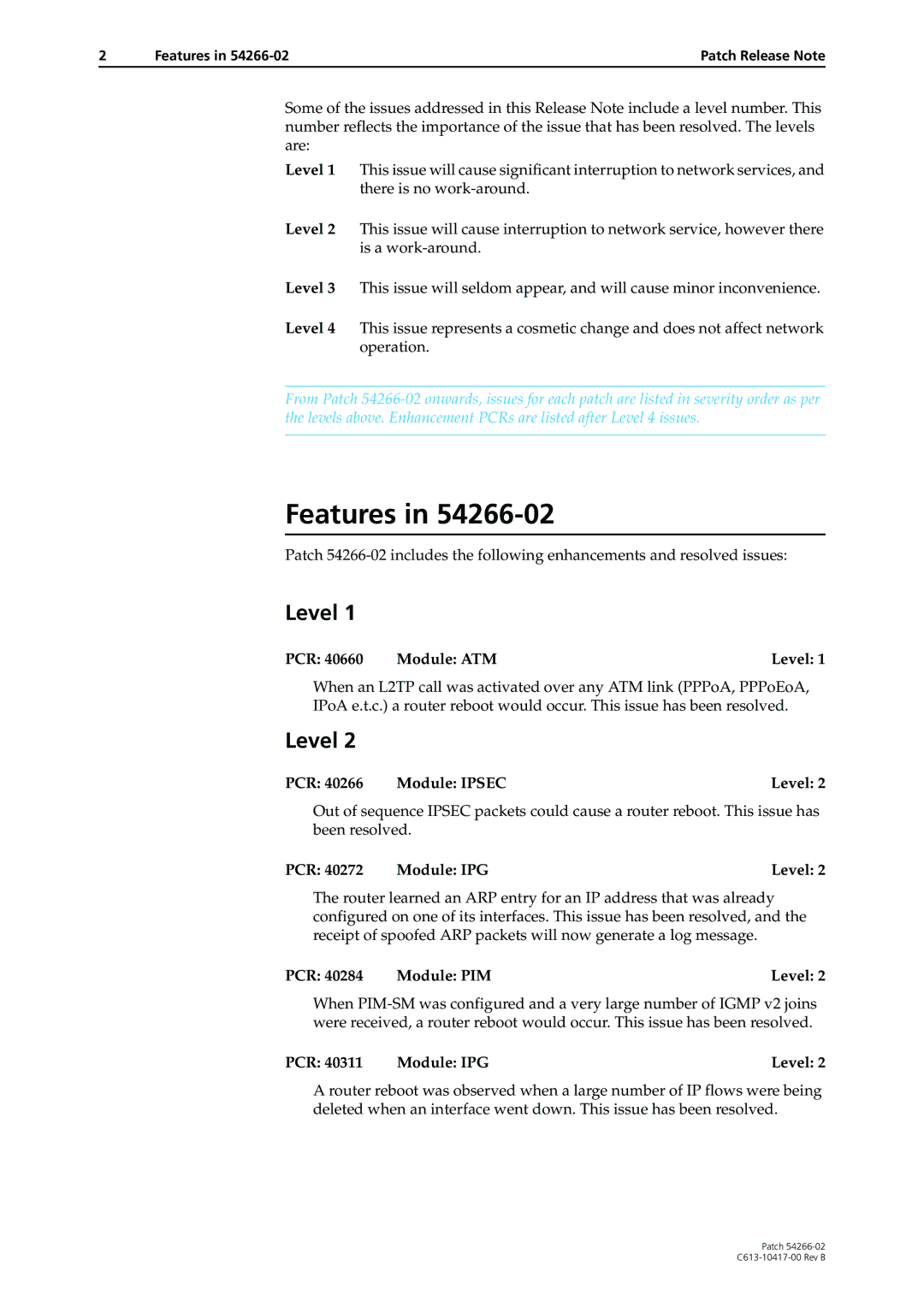 Allied Telesis 54266-02 manual Features, PCR 40660 Module ATM Level, PCR Module Ipsec Level, PCR Module IPG Level 