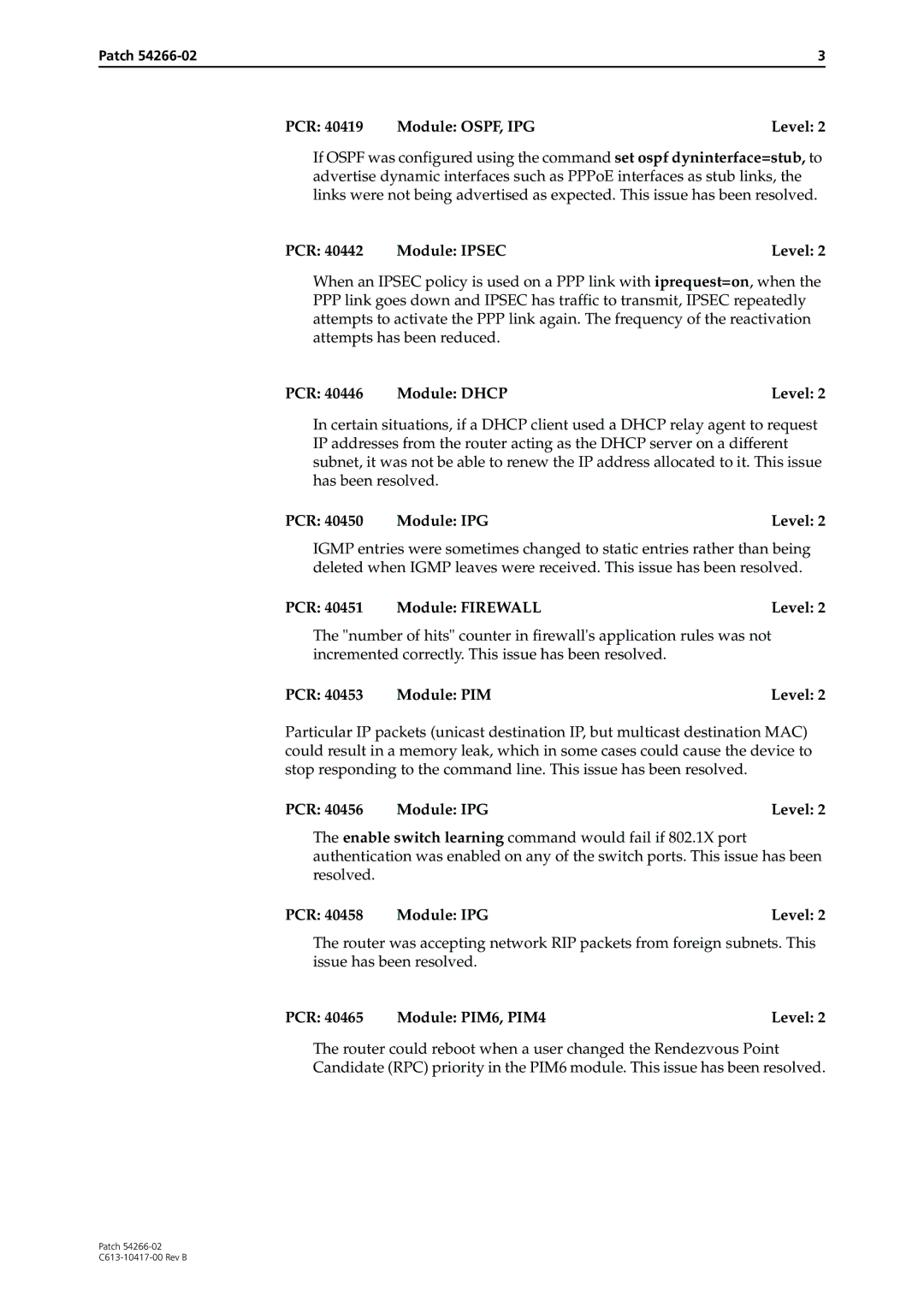 Allied Telesis 54266-02 manual PCR 40419 Module OSPF, IPGLevel, PCR 40442 Module IPSECLevel, PCR 40446 Module Dhcp Level 