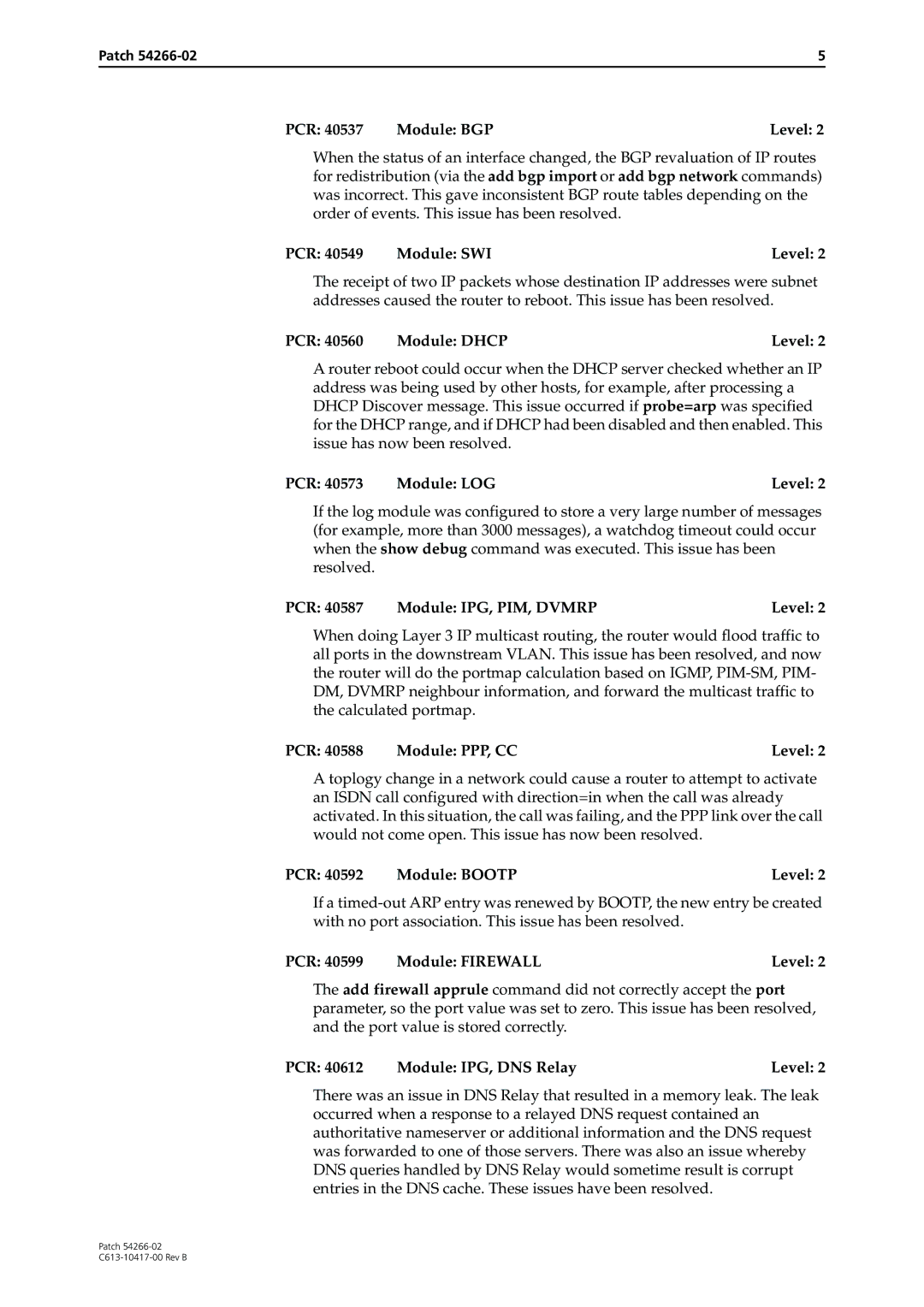 Allied Telesis 54266-02 manual PCR Module SWI Level, PCR 40560 Module Dhcp Level, PCR 40573 Module LOG Level 