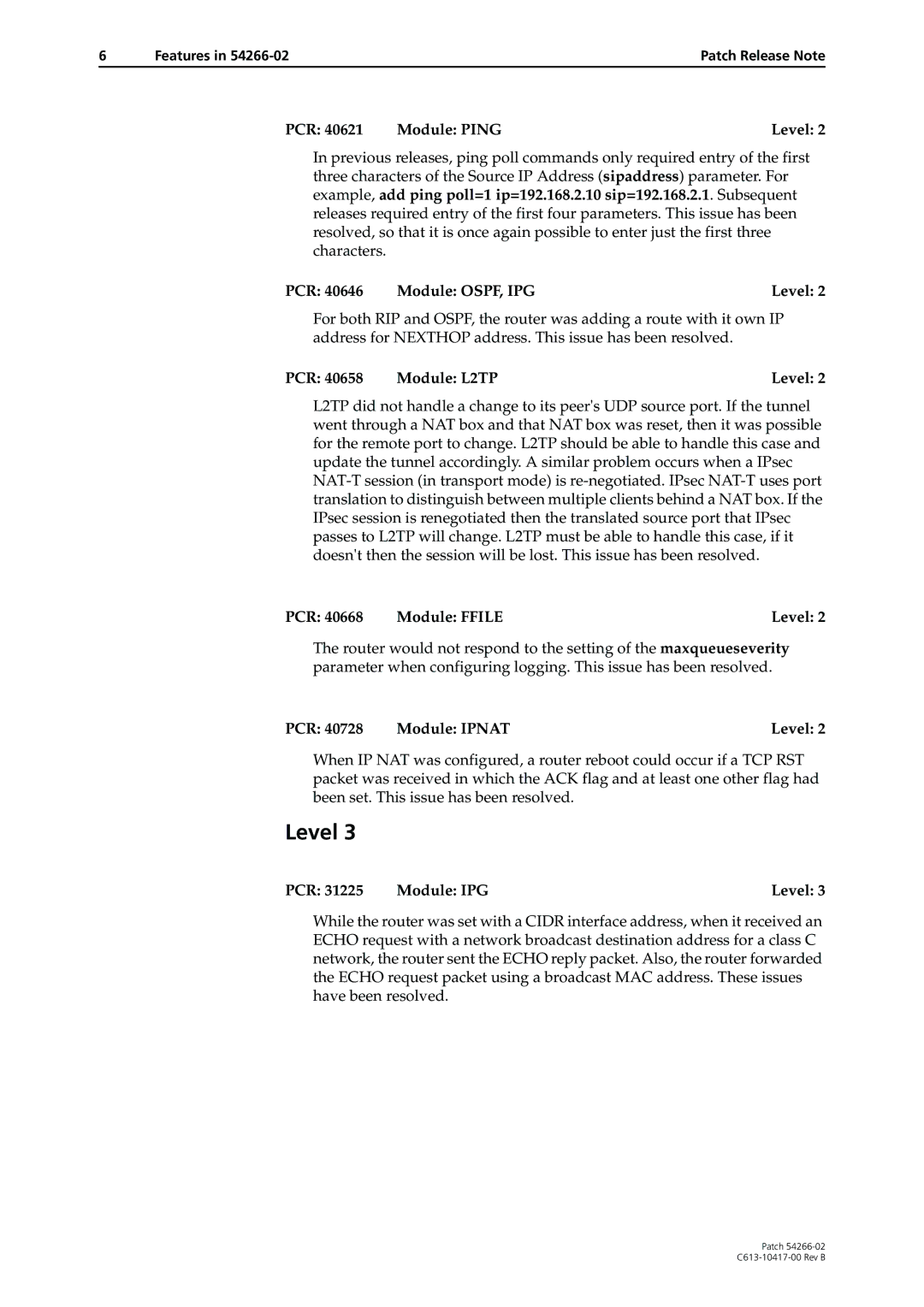 Allied Telesis 54266-02 PCR Module Ping Level, PCR Module OSPF, IPG Level, PCR Module L2TP Level, PCR Module Ffile Level 