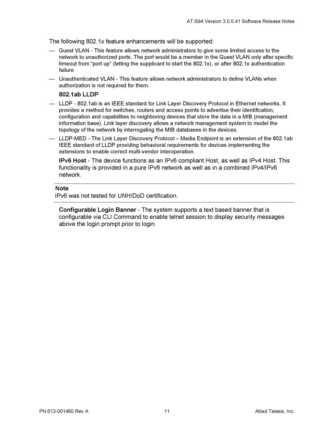 Allied Telesis 613-001480 manual Following 802.1x feature enhancements will be supported, ˆ 802.1ab Lldp 