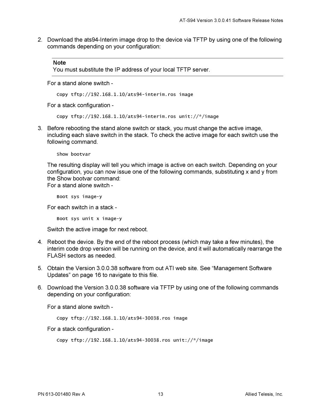 Allied Telesis 613-001480 manual Copy tftp//192.168.1.10/ats94-interim.ros image 