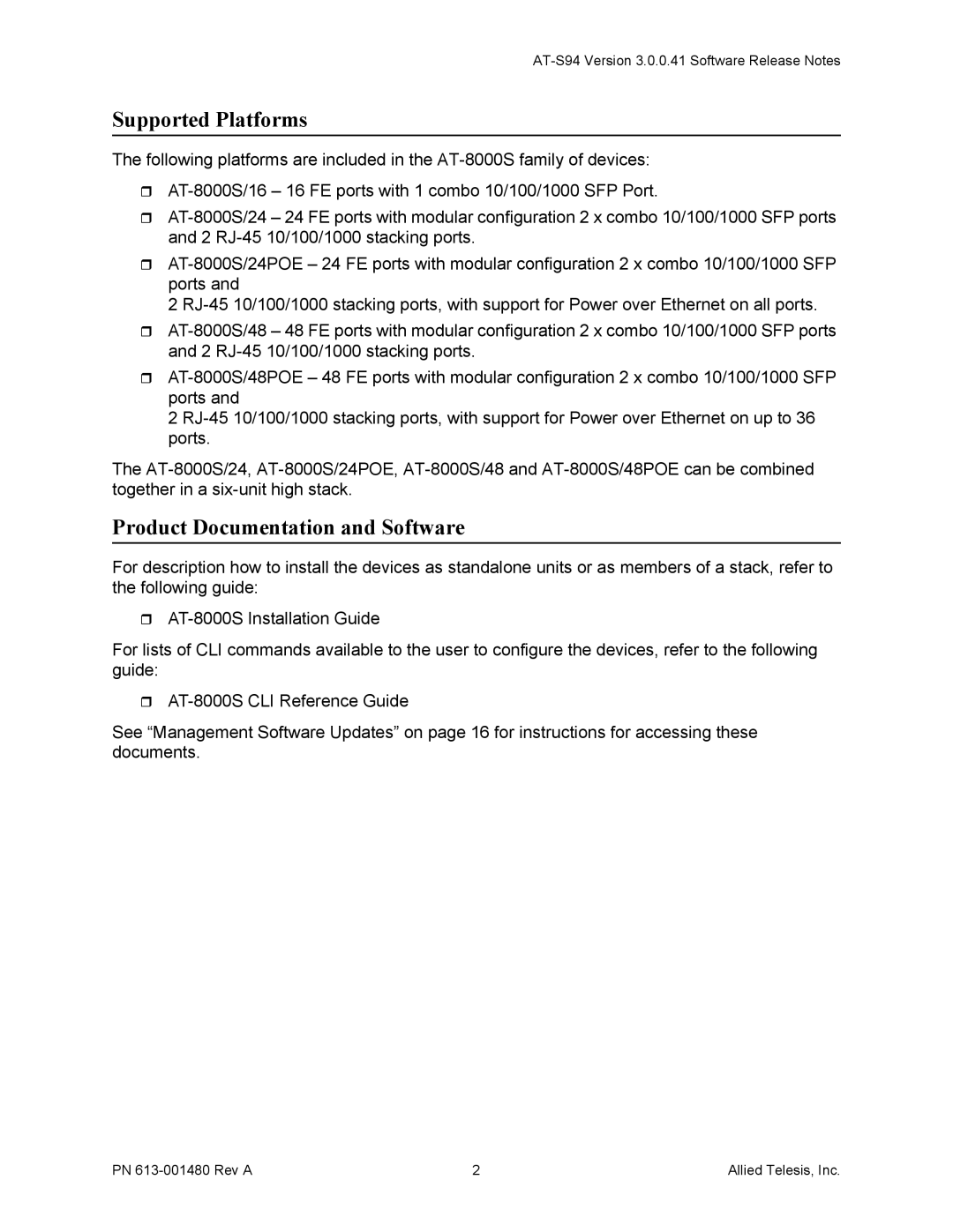 Allied Telesis 613-001480 manual Supported Platforms, Product Documentation and Software 