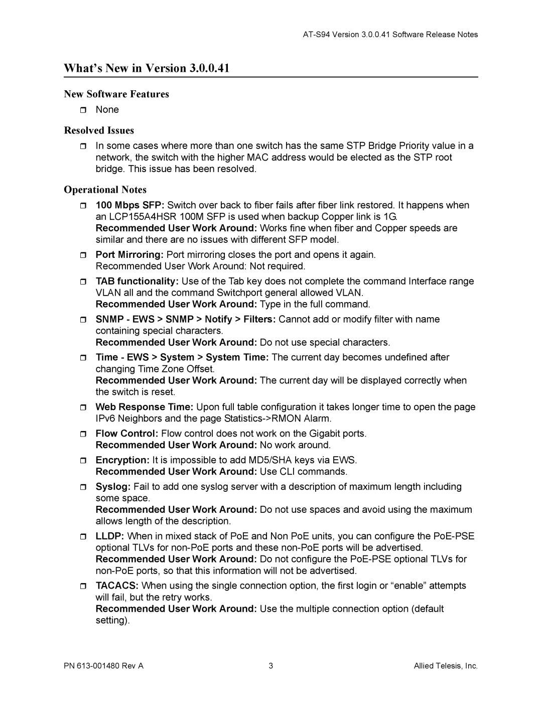 Allied Telesis 613-001480 manual What’s New in Version, New Software Features, Resolved Issues, Operational Notes 