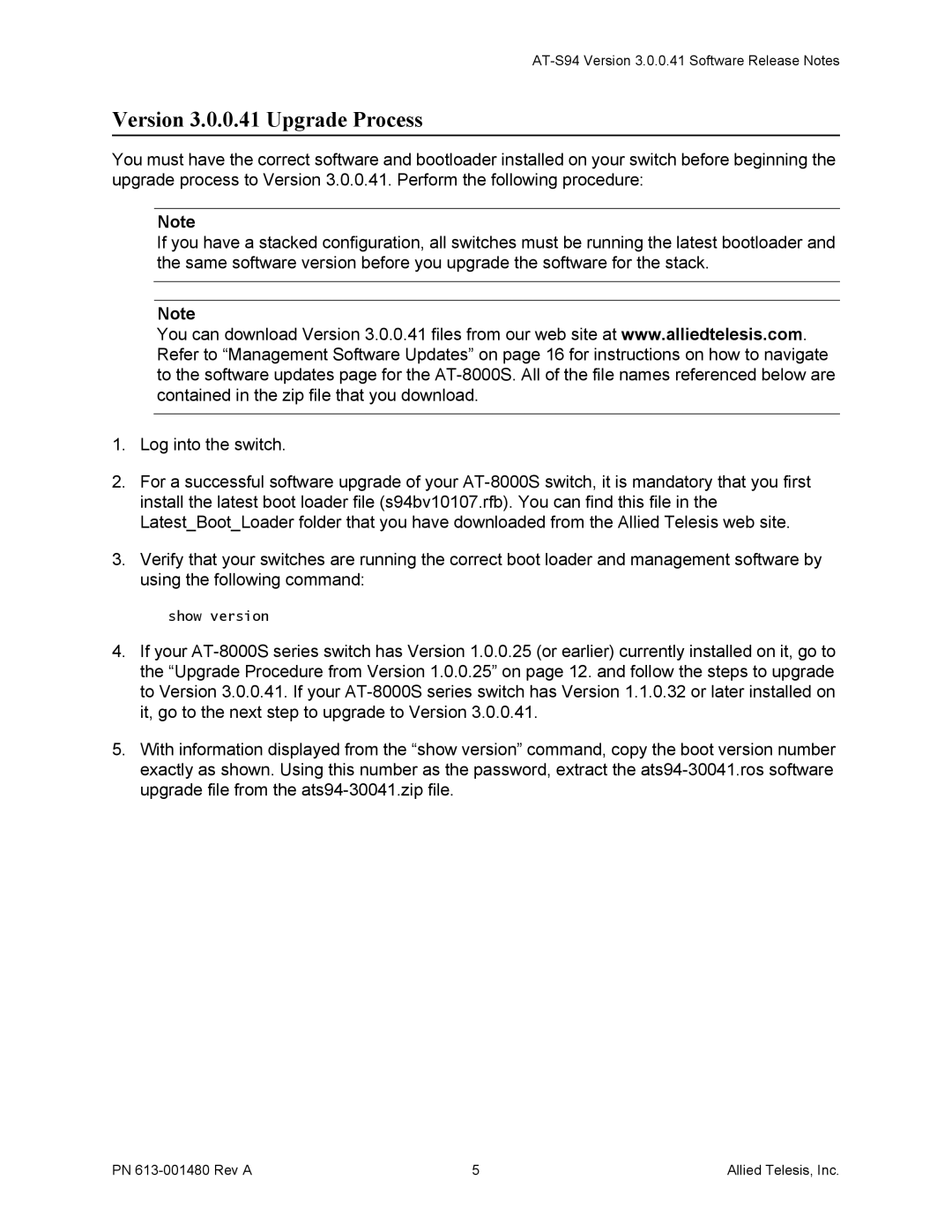 Allied Telesis 613-001480 manual Version 3.0.0.41 Upgrade Process 