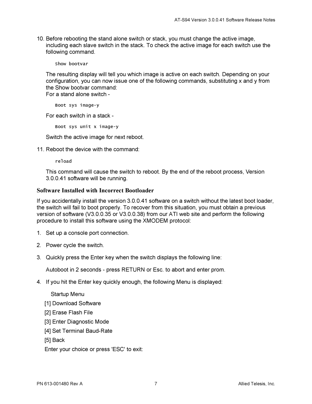 Allied Telesis 613-001480 manual Software Installed with Incorrect Bootloader 