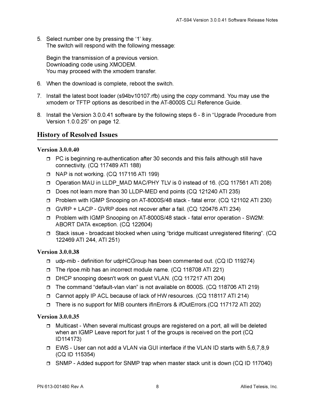 Allied Telesis 613-001480 manual History of Resolved Issues, Version 