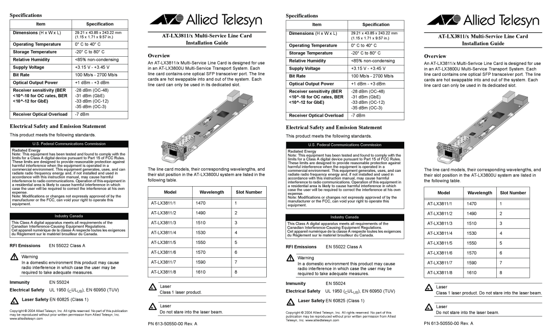 Allied Telesis AT-LX3811/x, 613-50550-00 specifications Specifications, Electrical Safety and Emission Statement 