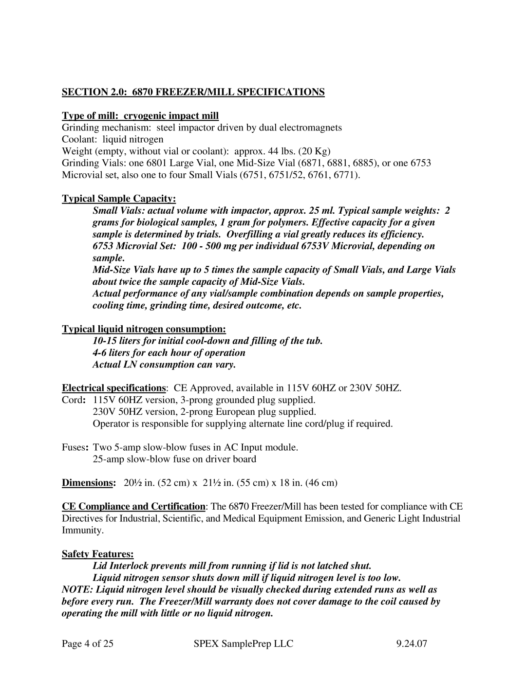 Allied Telesis 6870 manual FREEZER/MILL Specifications, Type of mill cryogenic impact mill, Typical Sample Capacity 