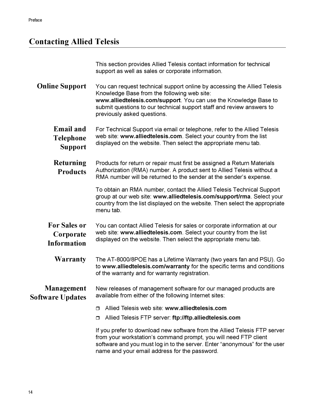 Allied Telesis 8000/8POE manual Contacting Allied Telesis, Management Software Updates 