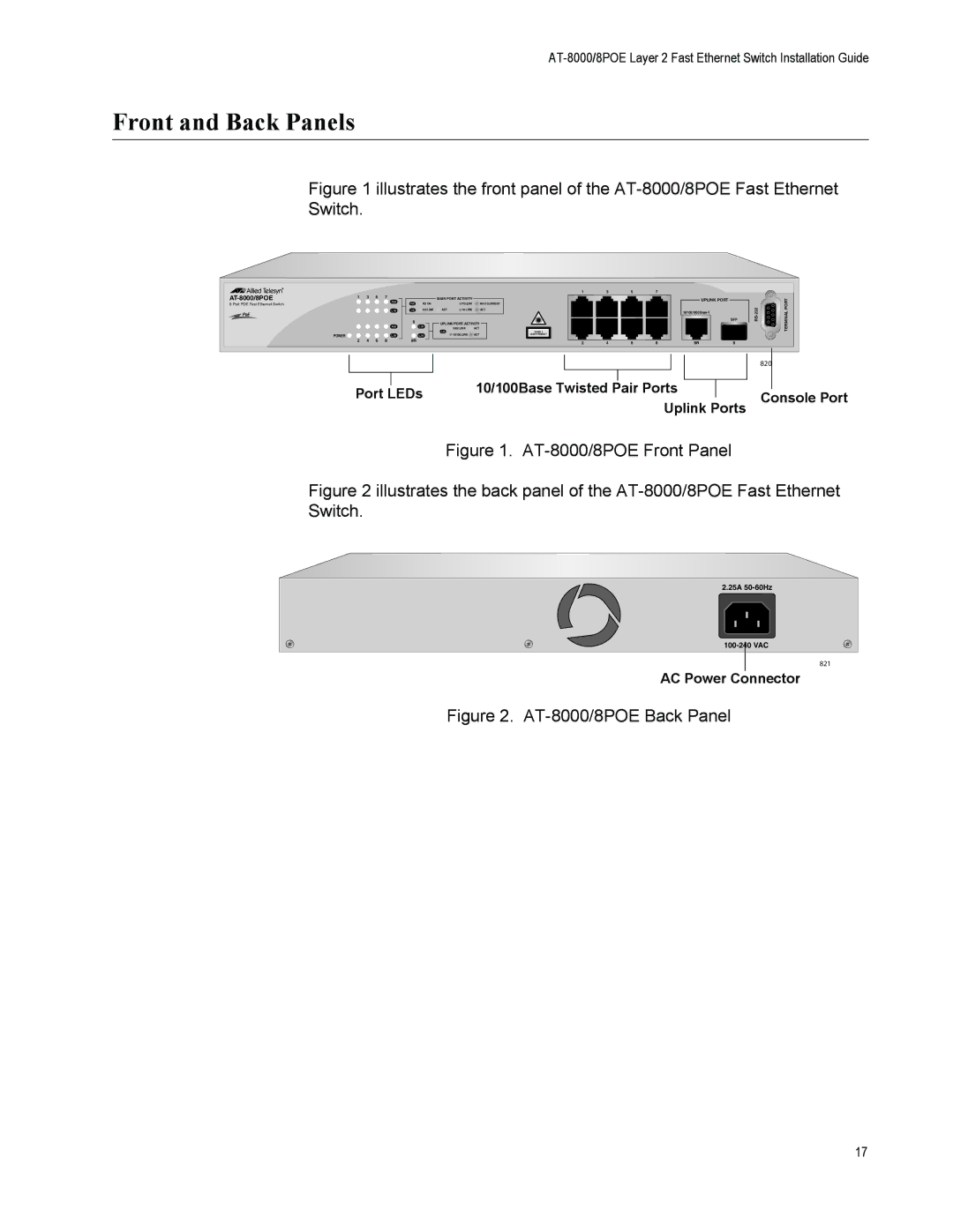 Allied Telesis manual Front and Back Panels, AT-8000/8POE 