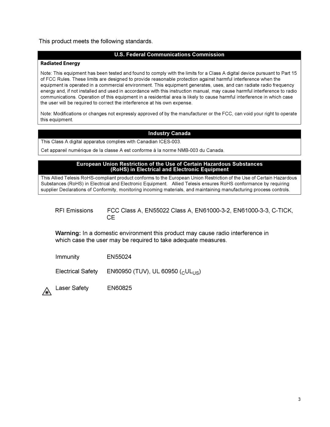 Allied Telesis 8000/8POE manual This product meets the following standards 