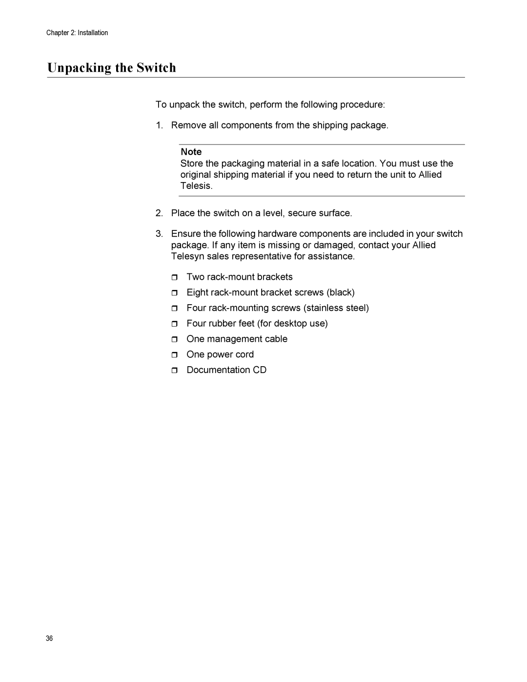 Allied Telesis 8000/8POE manual Unpacking the Switch 