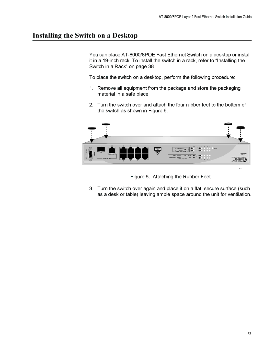 Allied Telesis 8000/8POE manual Installing the Switch on a Desktop 