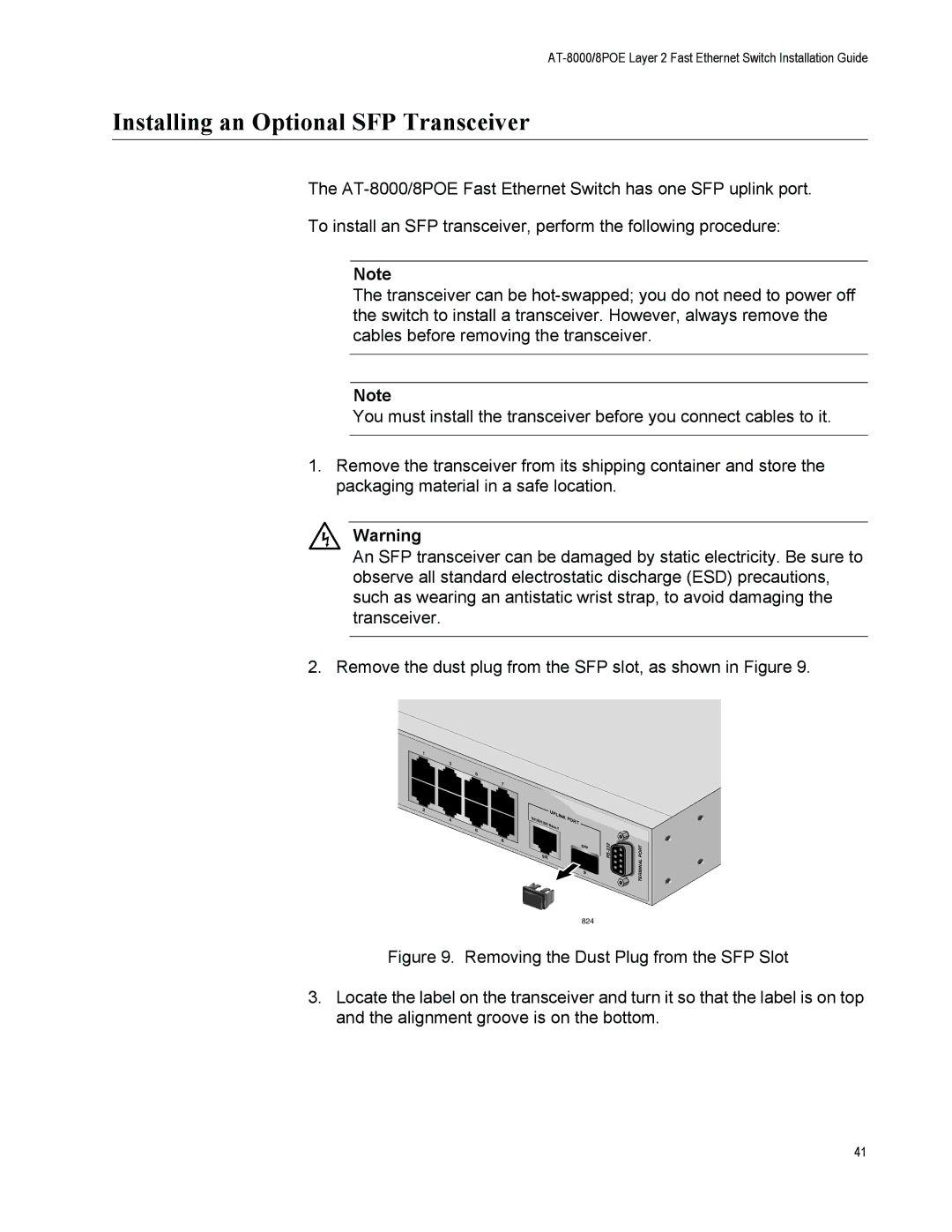 Allied Telesis 8000/8POE manual Installing an Optional SFP Transceiver 