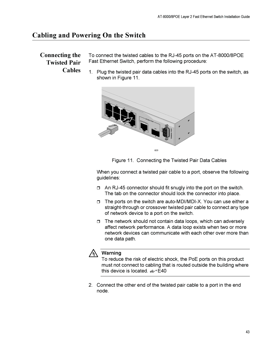 Allied Telesis 8000/8POE manual Cabling and Powering On the Switch, Connecting Twisted Pair Cables 