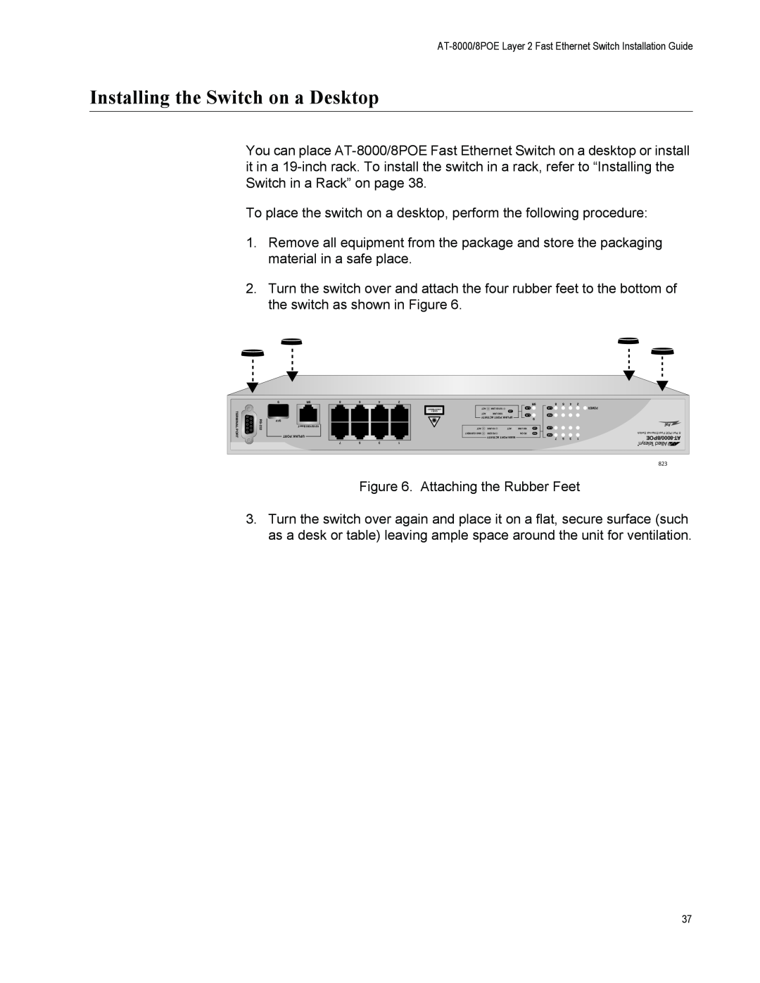 Allied Telesis 8000/8POE manual Installing the Switch on a Desktop 