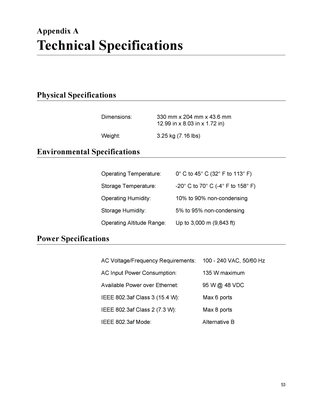 Allied Telesis 8000/8POE manual Technical Specifications, Appendix A, Physical Specifications, Environmental Specifications 