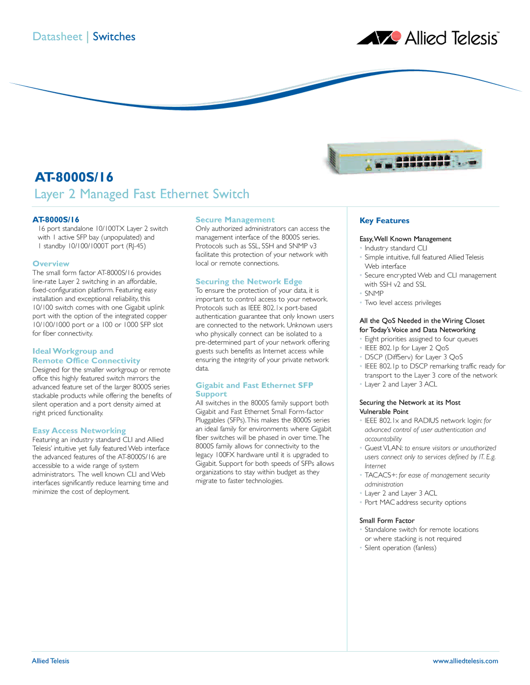 Allied Telesis 8000S/16 manual Overview, Easy Access Networking, Secure Management, Securing the Network Edge 