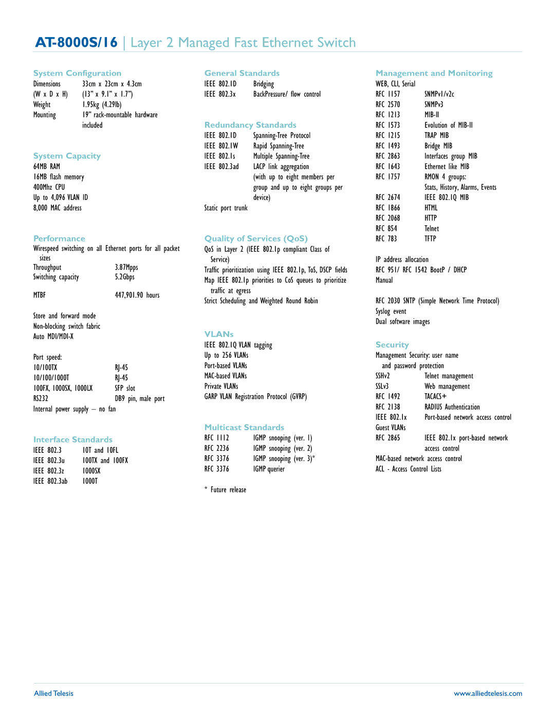 Allied Telesis 8000S/16 System Configuration, System Capacity, Performance, General Standards, Redundancy Standards, VLANs 