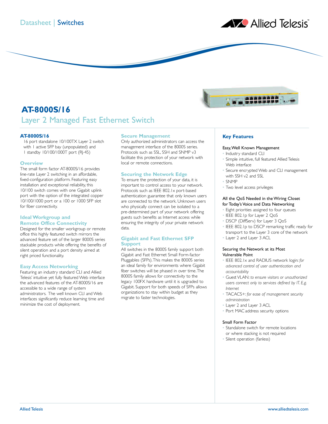Allied Telesis manual Layer 2 Managed Fast Ethernet Switch, AT-8000S/16, Overview, Easy Access Networking, Key Features 