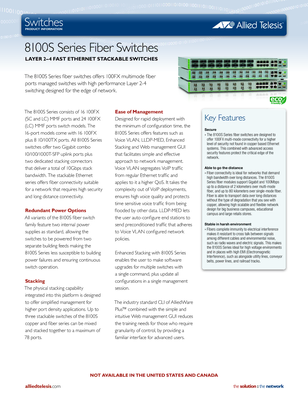 Allied Telesis 8100S manual Redundant Power Options, Stacking, Ease of Management, Alliedtelesis.com 