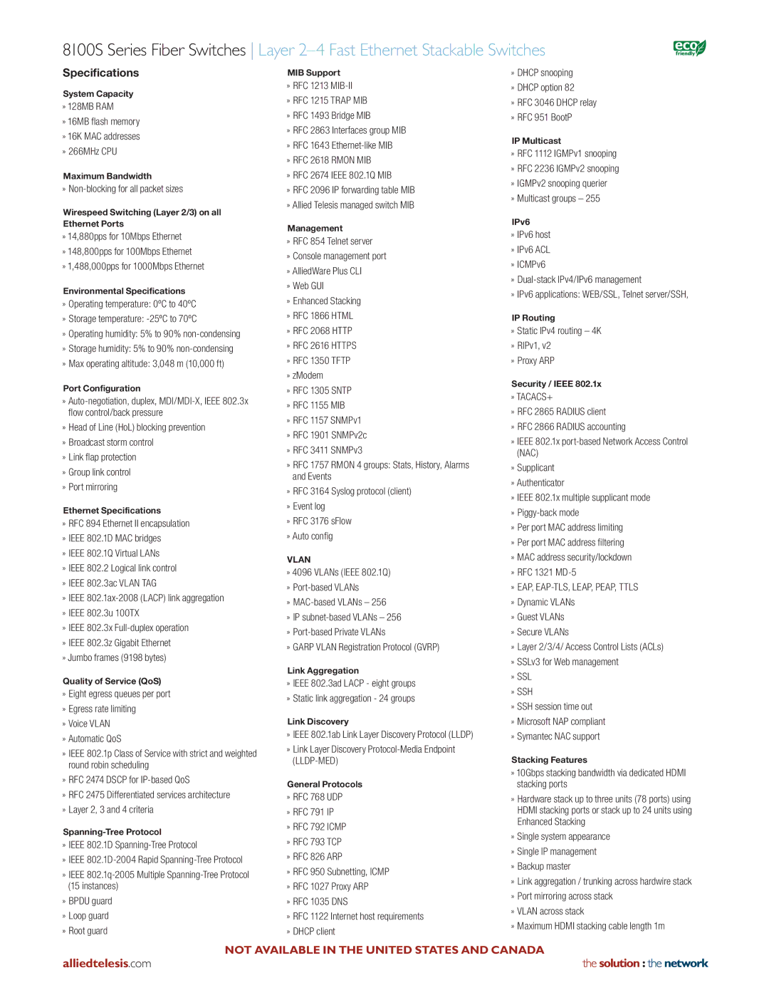 Allied Telesis 8100S manual Specifications 