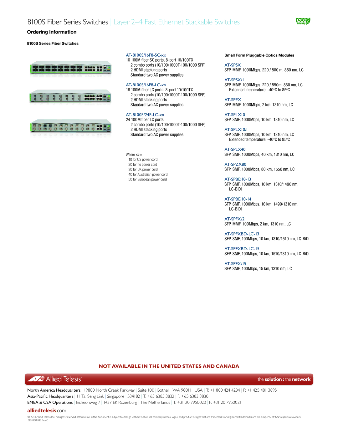 Allied Telesis 8100S manual Ordering Information 