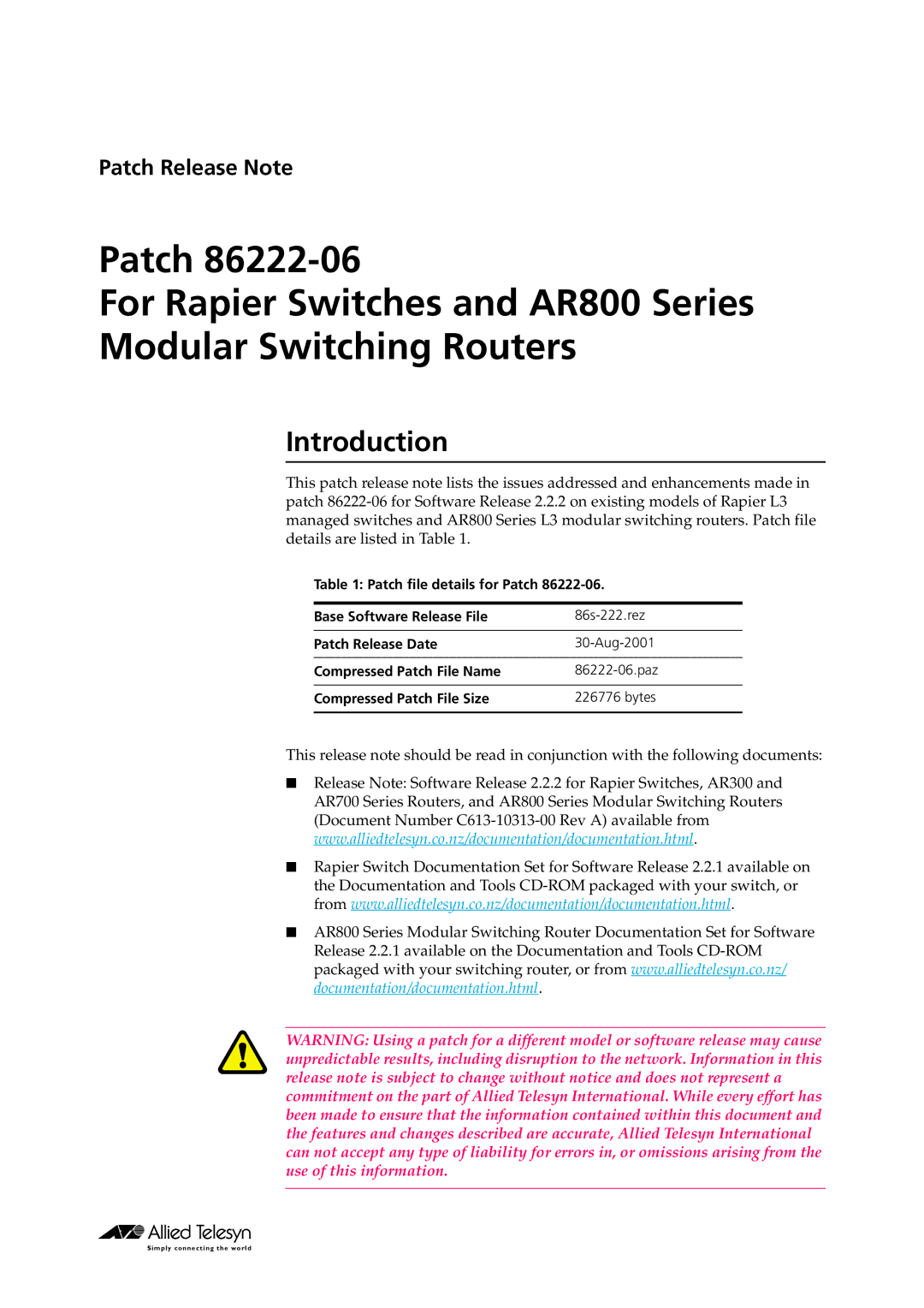 Allied Telesis 86222-06 manual Introduction 