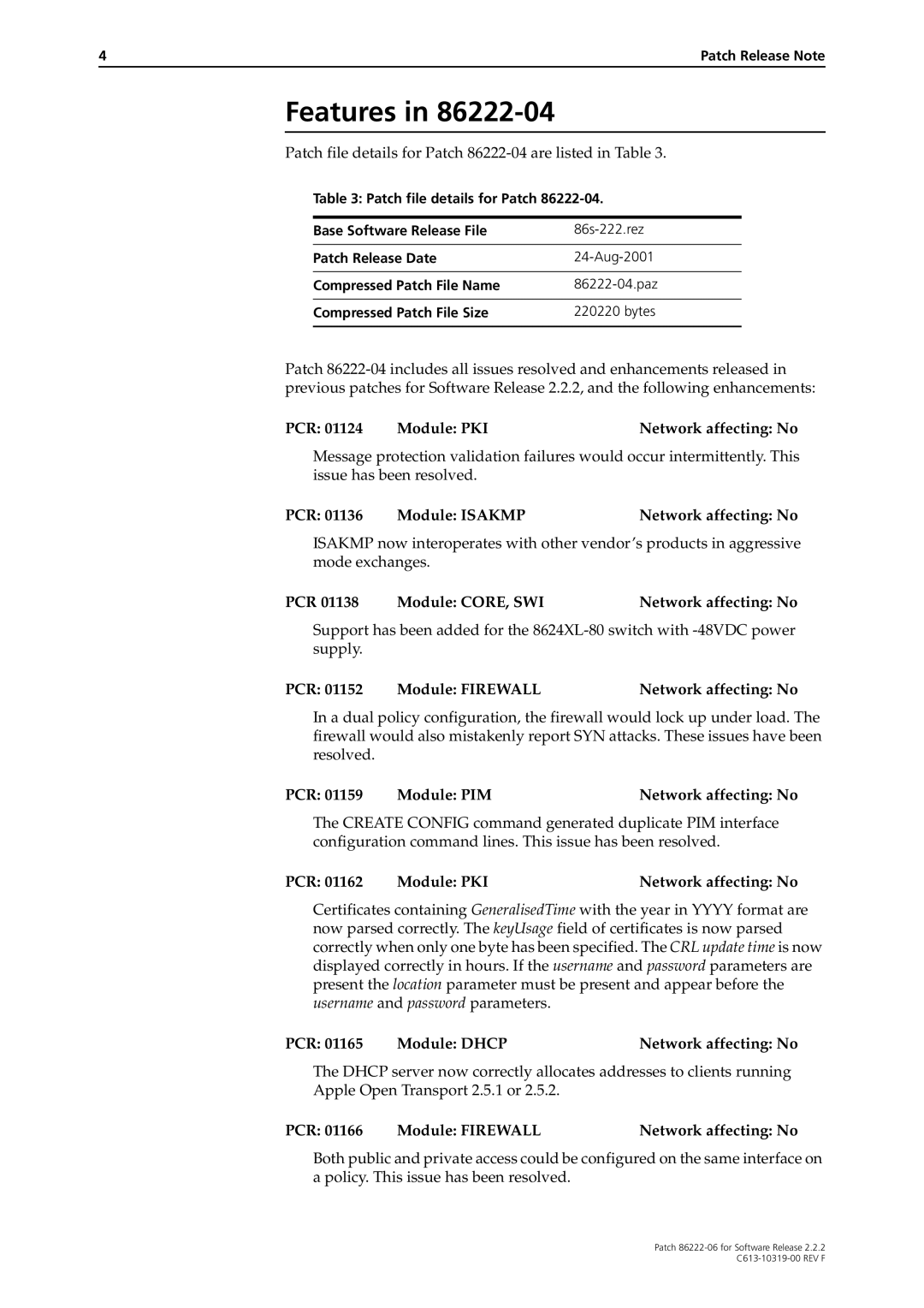 Allied Telesis 86222-06 Patch file details for Patch 86222-04 are listed in Table, PCR Module Isakmp Network affecting No 