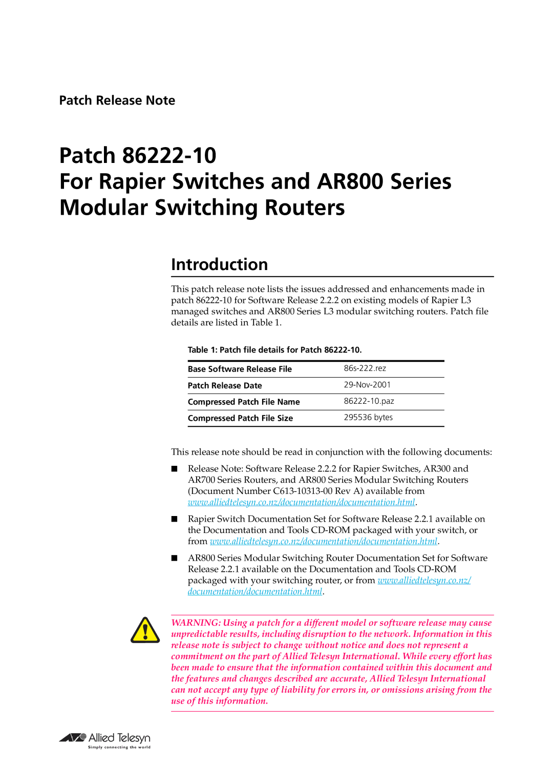 Allied Telesis 86222-10 manual Introduction 