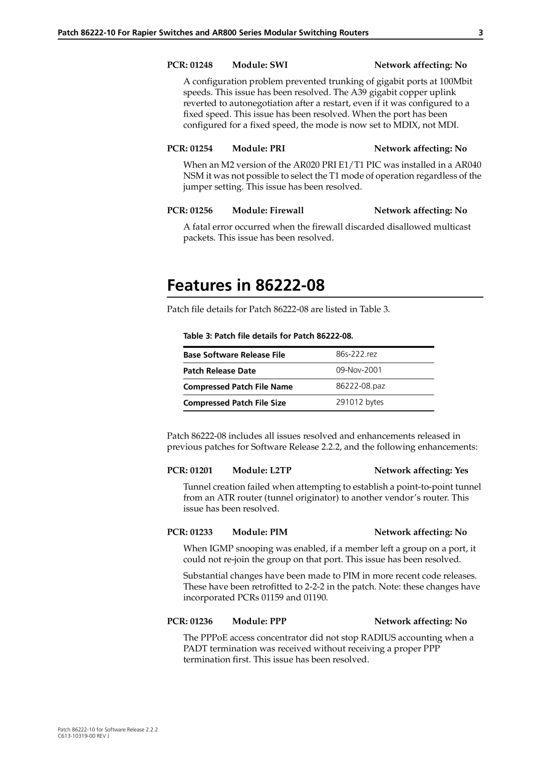 Allied Telesis 86222-10 manual PCR Module PRI Network affecting No, PCR Module Firewall Network affecting No 