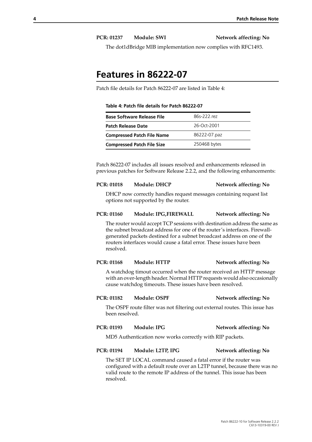 Allied Telesis 86222-10 manual PCR 01237 Module SWINetwork affecting No, PCR 01018 Module Dhcp Network affecting No 